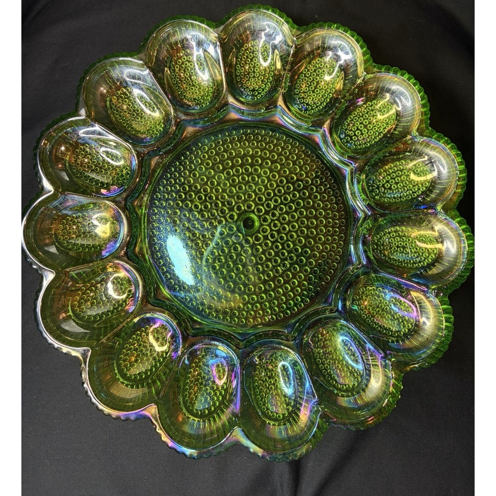Vintage Indiana Glass Deviled Egg Plate Carnival Hobnail Lime Green 11" 1960s